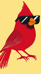 Cool red cardinal bird wearing black sunglasses flat minimalist vector illustration on yellow background for modern design and nature theme