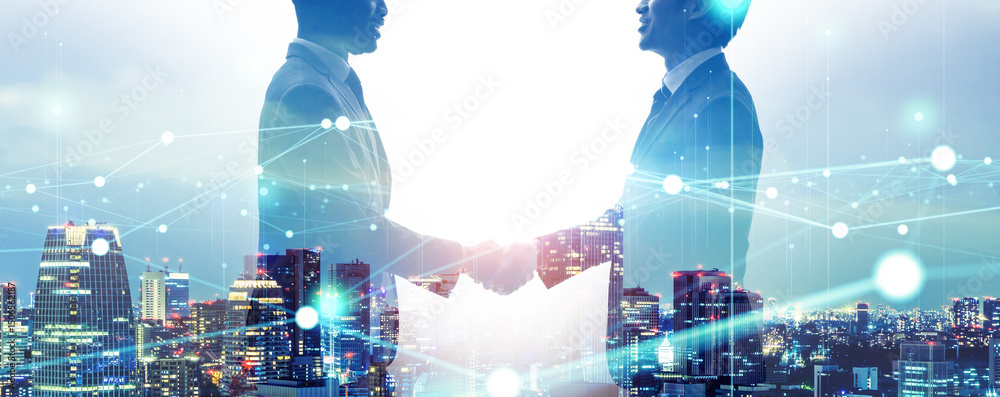 Aufkleber collage of multinational business people shaking hands and communication network. wide angle visual 