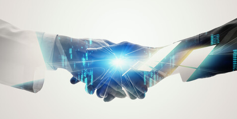 Collage of engineers shaking hands and digital technology. Wide angle visual for banners or advertisements.