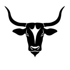 Fototapeta premium Black silhouette of longhorn cattle head with wide curved horns minimalist vector icon design isolated on white background for Texas and western themes