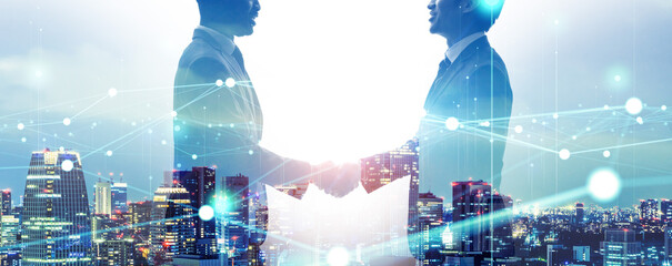 Collage of multinational business people shaking hands and communication network. Wide angle visual...