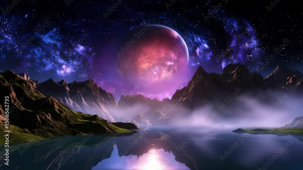 Wall mural cosmic scene featuring a planet rising over rugged mountains reflected in a serene lake with stardus