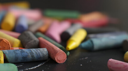 Obraz premium Colorful crayons scattered near blackboard, a playful burst of creativity in learning