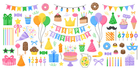 Happy birthday party elements including balloons, candles, gifts, cakes, and festive decorations on white background. Hand drawn flat vector illustration