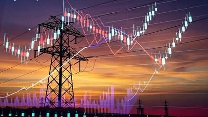Electricity Pylon and Financial Data Overlaying Sunset Sky - Powered by Adobe