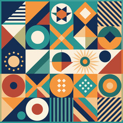 Geometric pattern vector background with Scandinavian abstract color or Swiss geometry prints of rectangles, squares and circles shape design