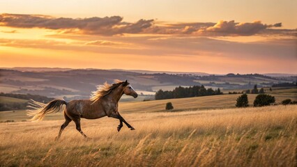 Fototapeta premium Horse running in a Golden Hour Field