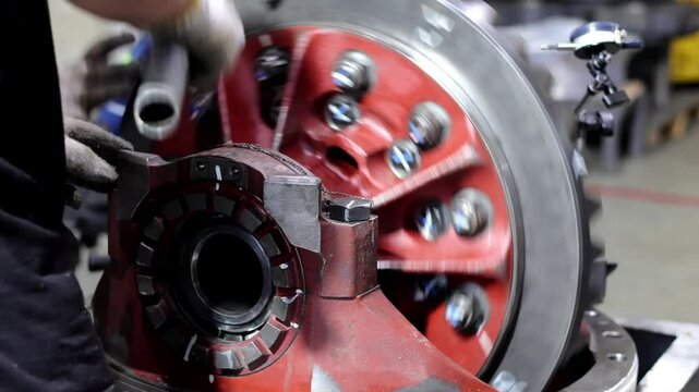 Close up hand tighten lock nut differential using jimmy bar and hammer.
