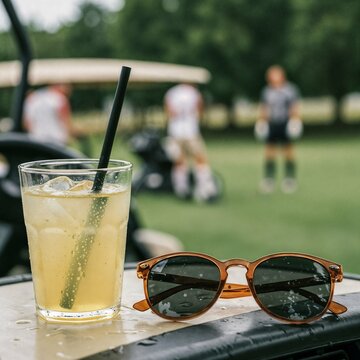 Iced drink and sunglasses resting on cart at golf course