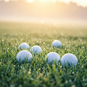 Golf balls on dewy grass field at sunrise with soft bokeh
