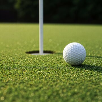 Golf ball close to hole on green grass under sunlight