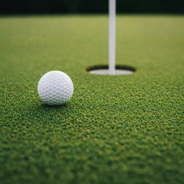 Golf ball near hole on putting green with close-up perspective