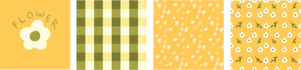 Set of Bright yellow and green Gingham Seamless Pattern, Yellow Background with White Watercolor Dots, seamless flowers pattern, cute flower illustration