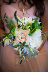 Pastel Bridesmaid Bouquet with Greenery and Blush Rose © Cavan