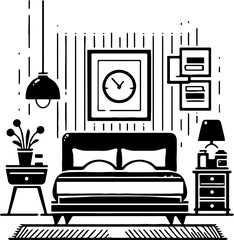 Minimal black and white silhouette of a bedroom interior featuring a bed, lamps, nightstands, and wall clock decorations.