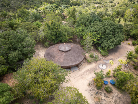 Aerial view to indigenous Tib&aacute; Village near Cumuruxatiba, Bahia