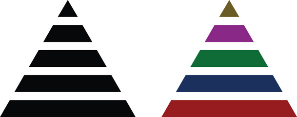Fototapeta premium Levels of triangular pyramid icon set. Triangle pyramid chart collection. Maslow layer diagram. Development level infographic. Business graph. Vector illustration isolated on transparent background.