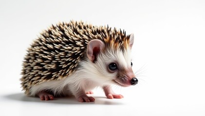 Small hedgehog on white background, curled up , small, wildlife