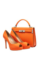 Orange High Heels Shoes And Handbag Isolated Photo on Transparent Background