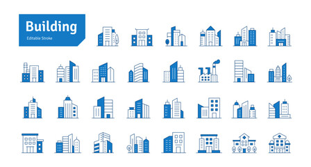 Buildings Blue Line Editable Stroke Icons Set. Real Estate, House, Hospital, Industry, Home, Apartment, Hotel, Cityscape, Downtown. Architecture Buildings Icons Vector Illustration