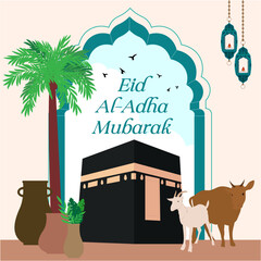 Adha Mubarak with qurban and kaabah in the background