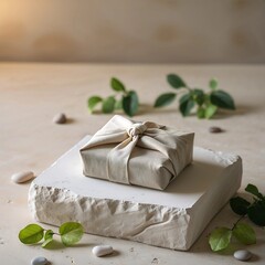 Minimalist Furoshiki Gift on White Stone Slab with Greenery and Pebbles in Natural Light