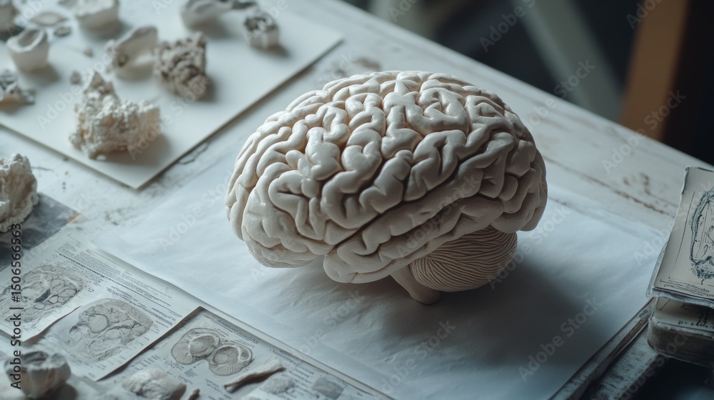 Aufkleber a close-up of a human brain model, with intricate details visible and placed next to educational mat