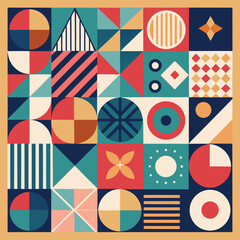 Geometric pattern vector background with Scandinavian abstract color or Swiss geometry prints of rectangles, squares and circles shape design