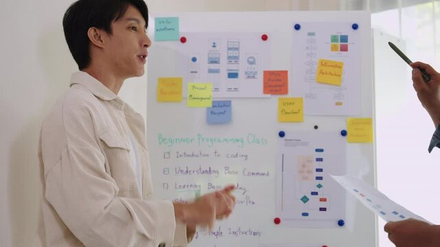 senior programmer bootcamlp,Asian young instructor guides senior learners through a programming on whiteboard, highlighting algorithm thinking and simple code exercises