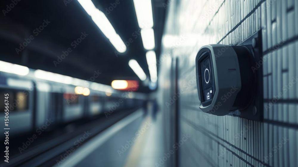 Poster A close-up of a motion-detecting CCTV camera on the side of a public transportation station, with minimalistic design and clean surroundings