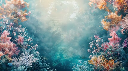 Fototapeta premium Vibrant coral reefs underwater scene for world reef awareness day conservation efforts. Horizontal banner. Copy space. World Oceans Day. World Wildlife Day. Travel and vacation concept