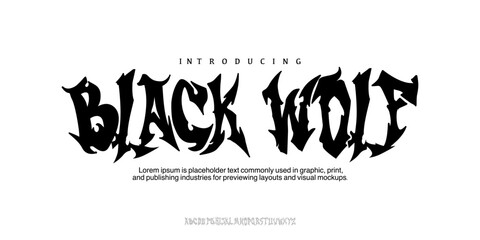 Font black Wolf. Craft retro vintage typeface design. Graphic display alphabet. Fantasy type letters. Rock characters, fire flame metal underground band Vector . Old badge, label, logo template.