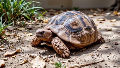 Obraz premium Large Land Tortoise Walking on Sandy Ground in Natural Environment with Green Plants and Fallen Leaves in Bright Outdoor Scene