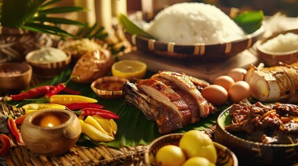 Traditional filipino feast celebrating philippines independence day. Horizontal banner. Copy space. Traditional food of Philippines