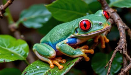 Fototapeta premium Detailed close-up of a vibrant red-eyed green tree frog perched on a lush leaf with water droplets in natural tropical environment