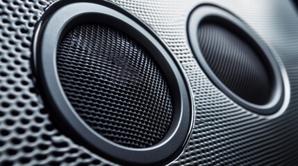 A close-up of a sleek, round car speaker embedded in a door panel, with brushed metal detailing and soft lighting highlighting the speaker grille