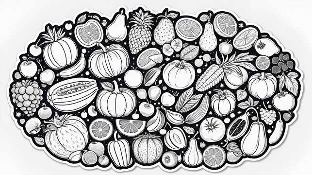 Ecstatic Monochrome Fruits and Vegetables Sticker in Deviant Art Style