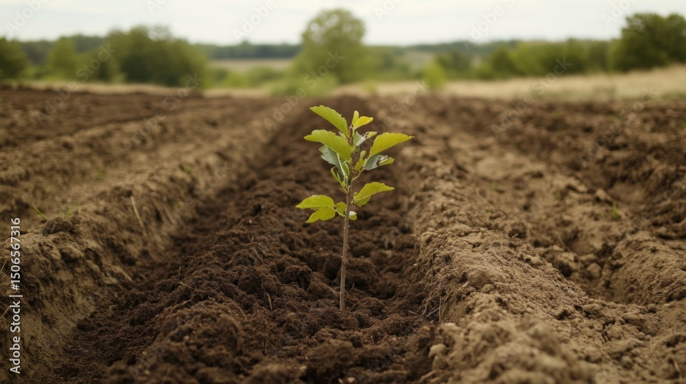 Aufkleber a close-up of a small tree being planted in a rural field, with the roots being covered with soil, e