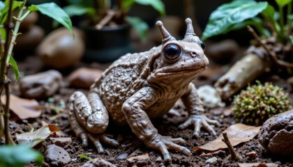 Fototapeta premium Close-up of a large American toad sitting on soil surrounded by small plants and natural forest floor debris in a detailed outdoor nature setting