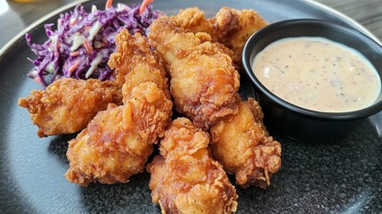 A close-up of crispy, golden-brown fried chicken pieces arranged on a plate, with a side of coleslaw and dipping sauce, capturing the delicious crunch.