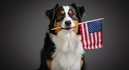 Fototapeta premium Dog Holding Small National Flag in Mouth on Gray Background