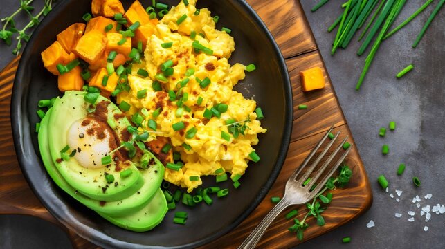 Healthy breakfast idea scrambled eggs avocado sweet potato recipe for food bloggers and dietitians