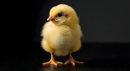 Obraz premium Adorable Yellow Baby Chick on Black Background Newborn Poultry, Fluffy, Cute, Small, Studio Shot