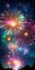 Dazzling display of fireworks bursting in a variety of colors against the night sky, symbolizing celebration festivity