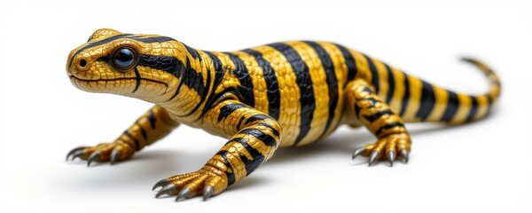 Fototapeta premium Striped Yellow Lizard on White Background