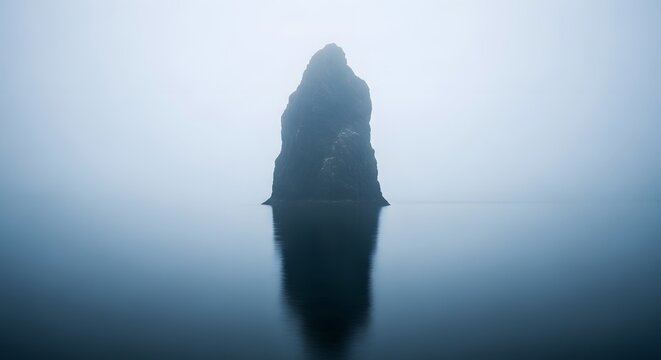 Mystical Rock Formation in Foggy Water Atmospheric Landscape, Dark Stone Island Reflection, Misty Scene.