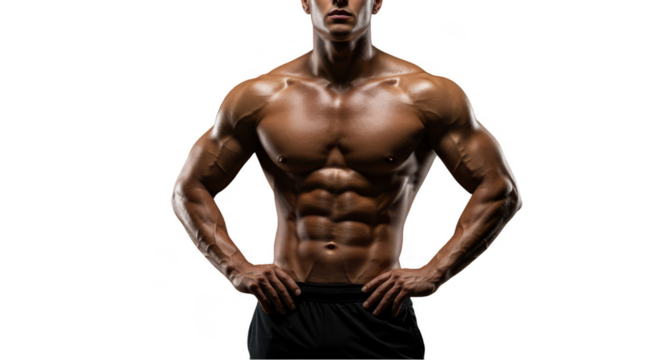 Photo of a Muscular Man with Hands on Hips in a Black Background - Powered by Adobe