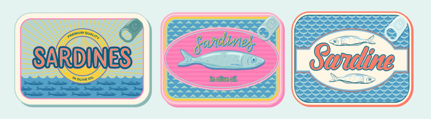 Sardines, seafood packaging. Sardine colorful vector sea illustration. Design for posters, stickers, package, recipe book.