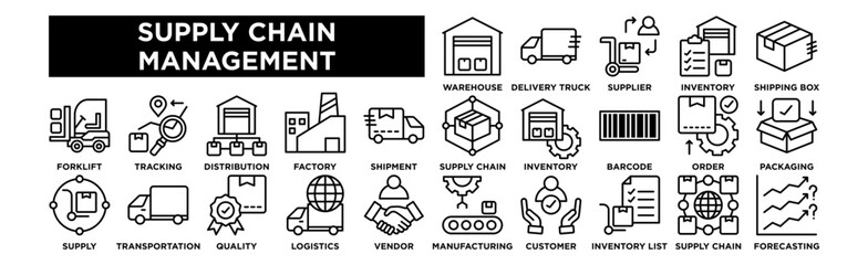 Supply Chain Management icon collection set. Warehouse, Delivery Truck, Supplier, Inventory, Shipping Box 