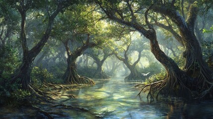 A dense mangrove forest with intertwined roots and branches, creating a natural habitat for various wildlife, showcasing the rich biodiversity of the area